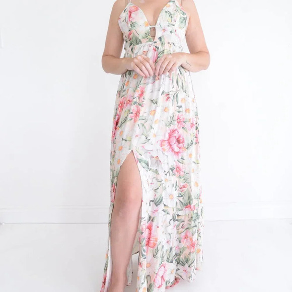Maaji Pink And White Floral Spaghetti Strap  Flowy Maxi Dress M - Picture 2 of 13